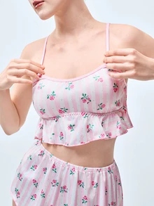 Softvol 两件套女士粉色碎花印花露脐上衣+短裤休闲睡衣套装，家居服 - 粉色 - 查看 6