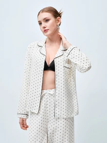 Softvol 2pcs Women's Comfortable Mini Polka Dot Print Long Sleeve Collared Top And Bow Tie Long Pants Pajama Set, Autumn/Winter - White - View 7