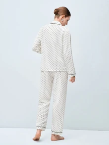 Softvol 2pcs Women's Comfortable Mini Polka Dot Print Long Sleeve Collared Top And Bow Tie Long Pants Pajama Set, Autumn/Winter - White - View 2