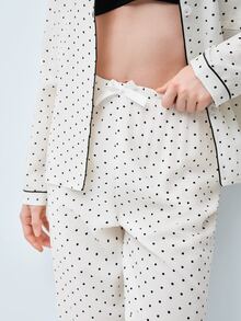 Softvol 2pcs Women's Comfortable Mini Polka Dot Print Long Sleeve Collared Top And Bow Tie Long Pants Pajama Set, Autumn/Winter - White - View 8
