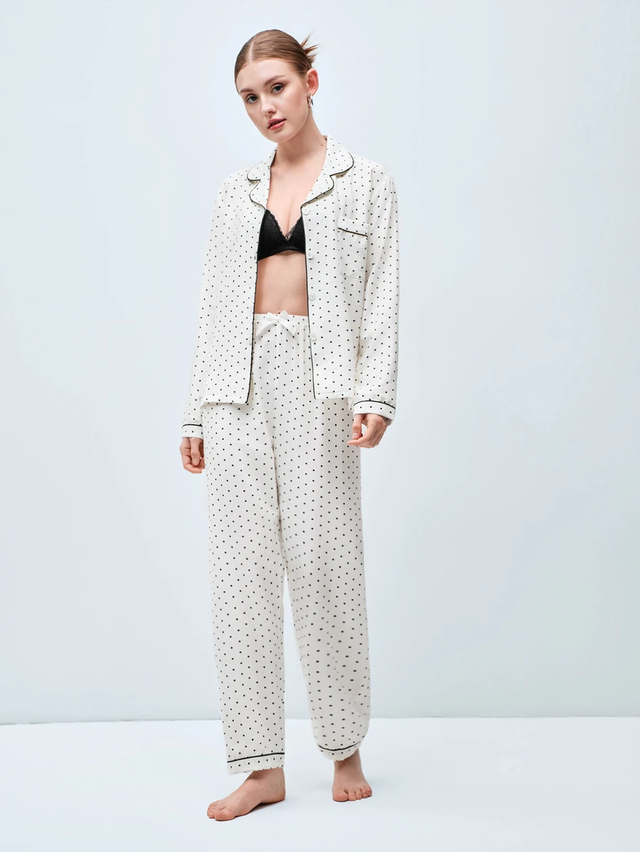 Softvol 2pcs Women's Comfortable Mini Polka Dot Print Long Sleeve Collared Top And Bow Tie Long Pants Pajama Set, Autumn/Winter - White - View 1