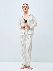 Softvol 2pcs Women's Comfortable Mini Polka Dot Print Long Sleeve Collared Top And Bow Tie Long Pants Pajama Set, Autumn/Winter - White - View 5