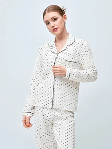 Softvol 2pcs Women's Comfortable Mini Polka Dot Print Long Sleeve Collared Top And Bow Tie Long Pants Pajama Set, Autumn/Winter - White - View 4