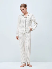 Softvol 2pcs Women's Comfortable Mini Polka Dot Print Long Sleeve Collared Top And Bow Tie Long Pants Pajama Set, Autumn/Winter - White - View 3