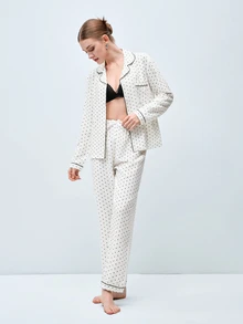 Softvol 2pcs Women's Comfortable Mini Polka Dot Print Long Sleeve Collared Top And Bow Tie Long Pants Pajama Set, Autumn/Winter - White - View 6
