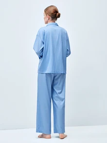Softvol 两件套女士宽松舒适透气长袖上衣和长裤睡衣套装 - 藍色 - 查看 3