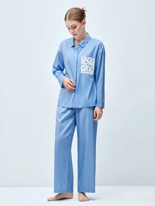 Softvol 两件套女士宽松舒适透气长袖上衣和长裤睡衣套装 - 藍色 - 查看 4