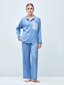 Softvol 两件套女士宽松舒适透气长袖上衣和长裤睡衣套装 - 藍色 - 查看 5