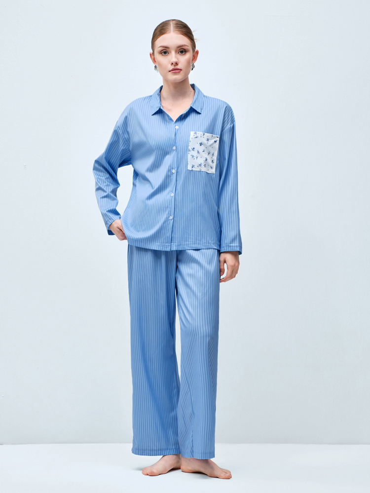 Softvol 两件套女士宽松舒适透气长袖上衣和长裤睡衣套装 - 藍色 - 查看 4