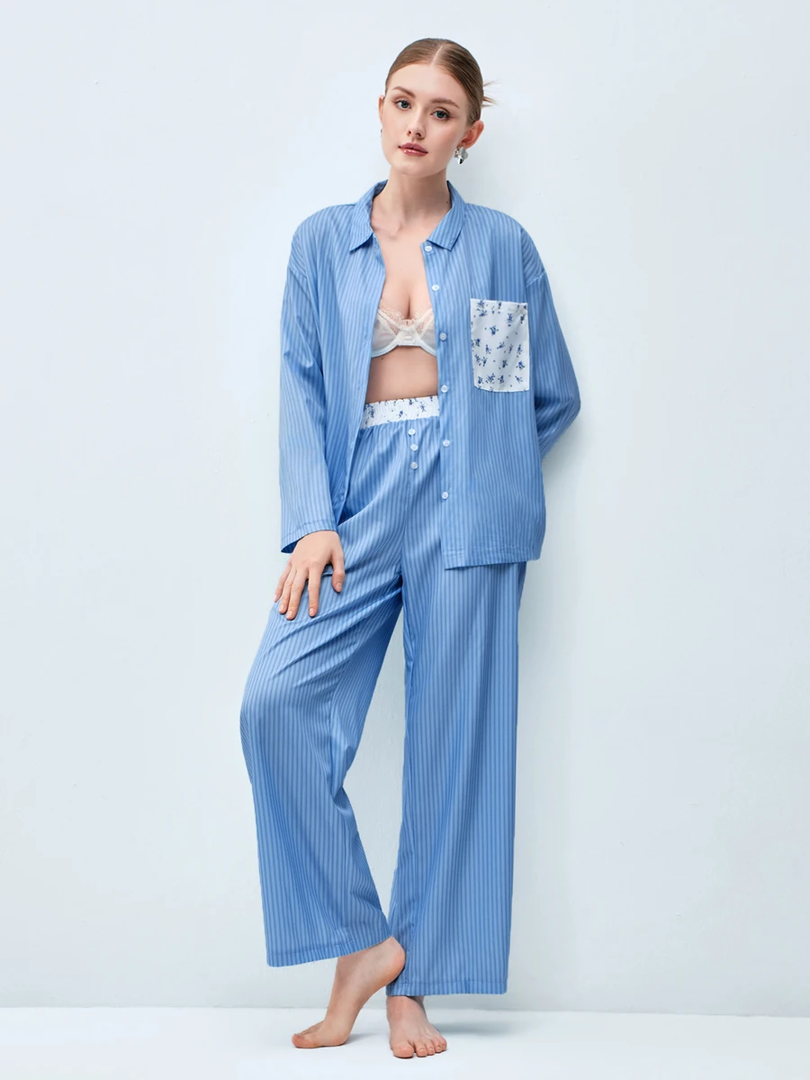 Softvol 两件套女士宽松舒适透气长袖上衣和长裤睡衣套装