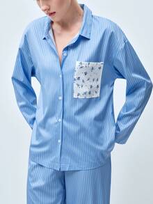 Softvol 两件套女士宽松舒适透气长袖上衣和长裤睡衣套装 - 藍色 - 查看 8