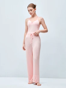 Softvol Relaxed Fit Pale Pink Spaghetti Strap Camisole + Wide Leg Pants 2 Pieces Set, Contrast Lace Trim + Bow Design, Comfortable Breathable Pajamas - Pink - View 4