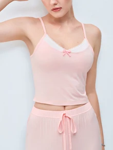 Softvol Relaxed Fit Pale Pink Spaghetti Strap Camisole + Wide Leg Pants 2 Pieces Set, Contrast Lace Trim + Bow Design, Comfortable Breathable Pajamas - Pink - View 9