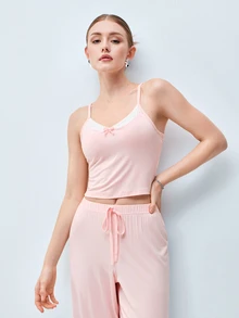 Softvol Relaxed Fit Pale Pink Spaghetti Strap Camisole + Wide Leg Pants 2 Pieces Set, Contrast Lace Trim + Bow Design, Comfortable Breathable Pajamas - Pink - View 8