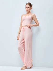 Softvol Relaxed Fit Pale Pink Spaghetti Strap Camisole + Wide Leg Pants 2 Pieces Set, Contrast Lace Trim + Bow Design, Comfortable Breathable Pajamas - Pink - View 7