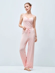 Softvol Relaxed Fit Pale Pink Spaghetti Strap Camisole + Wide Leg Pants 2 Pieces Set, Contrast Lace Trim + Bow Design, Comfortable Breathable Pajamas - Pink - View 2