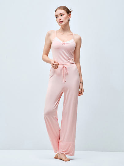 Softvol Relaxed Fit Pale Pink Spaghetti Strap Camisole + Wide Leg Pants 2 Pieces Set, Contrast Lace Trim + Bow Design, Comfortable Breathable Pajamas