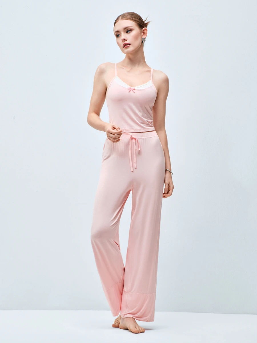 Softvol Relaxed Fit Pale Pink Spaghetti Strap Camisole + Wide Leg Pants 2 Pieces Set, Contrast Lace Trim + Bow Design, Comfortable Breathable Pajamas