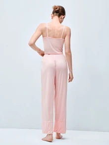 Softvol Relaxed Fit Pale Pink Spaghetti Strap Camisole + Wide Leg Pants 2 Pieces Set, Contrast Lace Trim + Bow Design, Comfortable Breathable Pajamas - Pink - View 3