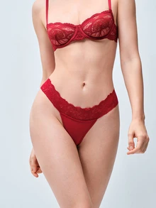 Softvol Women's Sexy Semi-Sheer Lace Back Cross Strap Bow Triangle Panties - Burgundy - View 1