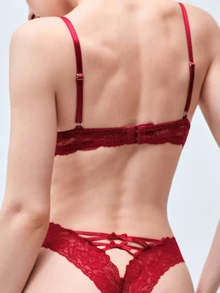 Softvol Women's Sexy Semi-Sheer Lace Back Cross Strap Bow Triangle Panties - Burgundy - View 2