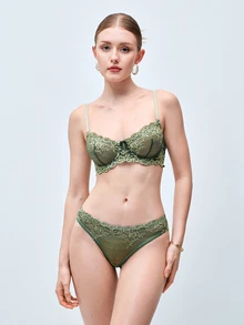 Softvol 1 Set Of 2pcs Lace Sexy Push-Up Bra And Panty Set - Green - View 3
