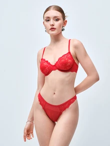 Softvol 1 Set Women's Solid Color Mature Lace Elegant Underwire Bra And Panty Set, Sexy Lingerie - Red - View 3