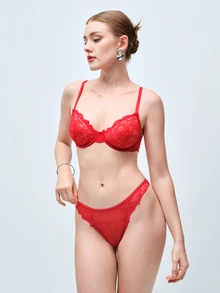 Softvol 1 Set Women's Solid Color Mature Lace Elegant Underwire Bra And Panty Set, Sexy Lingerie - Red - View 5