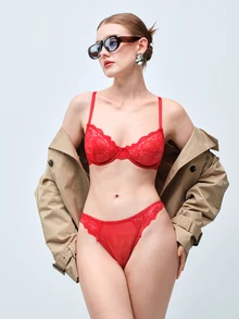 Softvol 1 Set Women's Solid Color Mature Lace Elegant Underwire Bra And Panty Set, Sexy Lingerie - Red - View 7