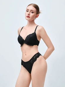 Softvol 1Set Women's Black Sexy Lace Patchwork Lingerie Set, Skin-Friendly Push-Up Small Bust Bra, Romantic French Casual Comfortable Minimalist Lingerie, Mature Charm Breathable Lace Fabric Bra Set - Black - View 2