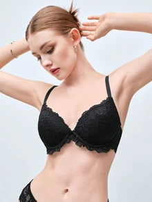 Softvol 1Set Women's Black Sexy Lace Patchwork Lingerie Set, Skin-Friendly Push-Up Small Bust Bra, Romantic French Casual Comfortable Minimalist Lingerie, Mature Charm Breathable Lace Fabric Bra Set - Black - View 7