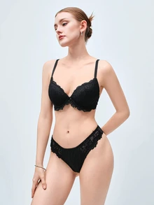 Softvol 1Set Women's Black Sexy Lace Patchwork Lingerie Set, Skin-Friendly Push-Up Small Bust Bra, Romantic French Casual Comfortable Minimalist Lingerie, Mature Charm Breathable Lace Fabric Bra Set - Black - View 6