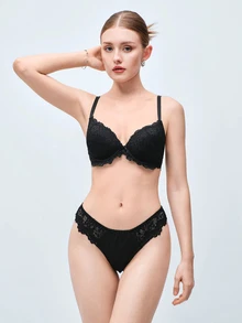Softvol 1Set Women's Black Sexy Lace Patchwork Lingerie Set, Skin-Friendly Push-Up Small Bust Bra, Romantic French Casual Comfortable Minimalist Lingerie, Mature Charm Breathable Lace Fabric Bra Set - Black - View 5