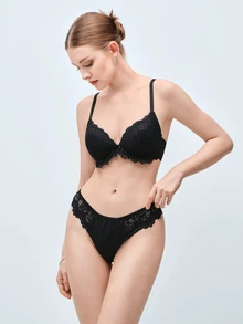 Softvol 1Set Women's Black Sexy Lace Patchwork Lingerie Set, Skin-Friendly Push-Up Small Bust Bra, Romantic French Casual Comfortable Minimalist Lingerie, Mature Charm Breathable Lace Fabric Bra Set - Black - View 4