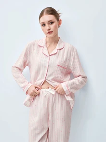 Softvol 2pcs/Set Striped Heart Print Autumn/Winter Pajama Set, Lapel Button Long Sleeve Top And Long Pants, Women's Sleepwear Loungewear Set - Pink - View 5