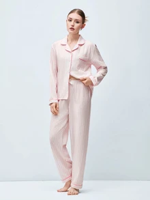Softvol 2pcs/Set Striped Heart Print Autumn/Winter Pajama Set, Lapel Button Long Sleeve Top And Long Pants, Women's Sleepwear Loungewear Set - Pink - View 1