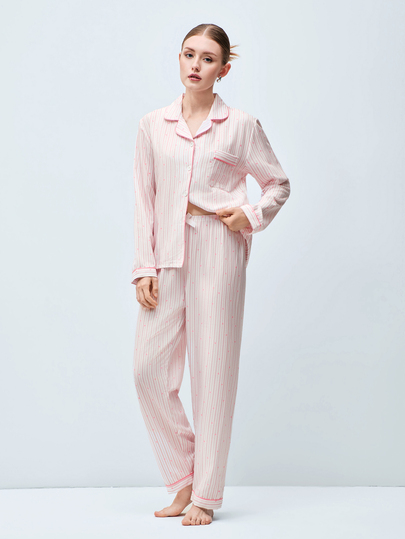 Softvol 2pcs/Set Striped Heart Print Autumn/Winter Pajama Set, Lapel Button Long Sleeve Top And Long Pants, Women's Sleepwear Loungewear Set