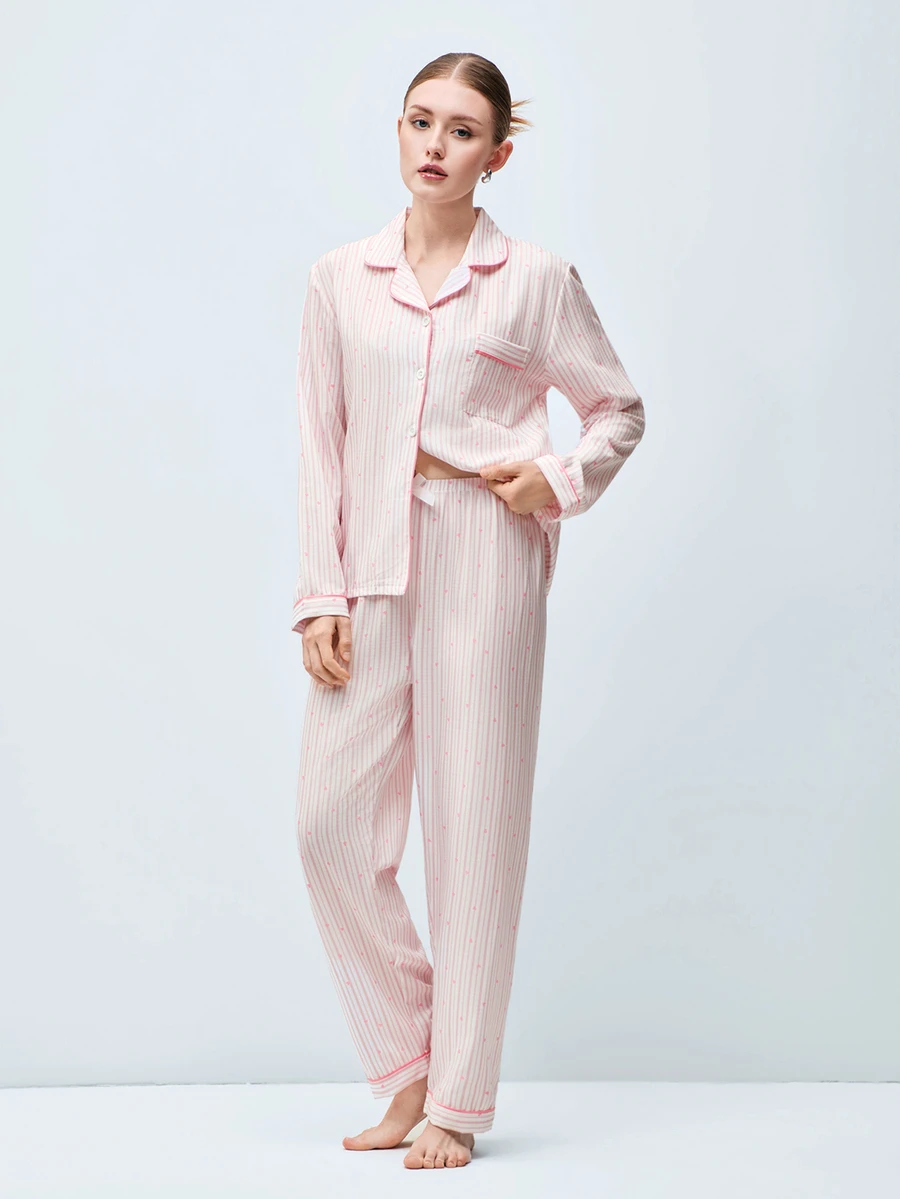 Softvol 2pcs/Set Striped Heart Print Autumn/Winter Pajama Set, Lapel Button Long Sleeve Top And Long Pants, Women's Sleepwear Loungewear Set - Pink - View 1