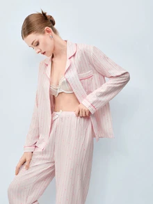 Softvol 2pcs/Set Striped Heart Print Autumn/Winter Pajama Set, Lapel Button Long Sleeve Top And Long Pants, Women's Sleepwear Loungewear Set - Pink - View 7