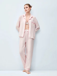 Softvol 2pcs/Set Striped Heart Print Autumn/Winter Pajama Set, Lapel Button Long Sleeve Top And Long Pants, Women's Sleepwear Loungewear Set - Pink - View 6