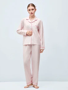 Softvol 2pcs/Set Striped Heart Print Autumn/Winter Pajama Set, Lapel Button Long Sleeve Top And Long Pants, Women's Sleepwear Loungewear Set - Pink - View 4