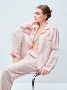 Softvol 2pcs/Set Striped Heart Print Autumn/Winter Pajama Set, Lapel Button Long Sleeve Top And Long Pants, Women's Sleepwear Loungewear Set - Pink - View 8