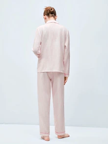Softvol 2pcs/Set Striped Heart Print Autumn/Winter Pajama Set, Lapel Button Long Sleeve Top And Long Pants, Women's Sleepwear Loungewear Set - Pink - View 2