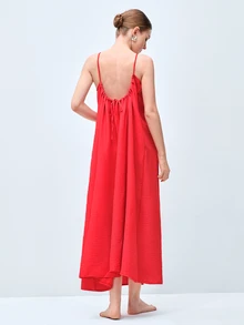 Softvol 女款夏季洋裝、女款睡衣、女款內衣，性感露背繫帶寬鬆優雅度假長洋裝，舒適雙口袋睡衣，女款居家休閒穿著睡袍，女款洋裝，洋裝，女款夏季洋裝，夏季服飾，沙灘 - 紅色 - 查看 2