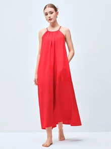 Softvol 女款夏季洋裝、女款睡衣、女款內衣，性感露背繫帶寬鬆優雅度假長洋裝，舒適雙口袋睡衣，女款居家休閒穿著睡袍，女款洋裝，洋裝，女款夏季洋裝，夏季服飾，沙灘 - 紅色 - 查看 6