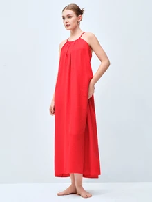 Softvol 女款夏季洋裝、女款睡衣、女款內衣，性感露背繫帶寬鬆優雅度假長洋裝，舒適雙口袋睡衣，女款居家休閒穿著睡袍，女款洋裝，洋裝，女款夏季洋裝，夏季服飾，沙灘 - 紅色 - 查看 1