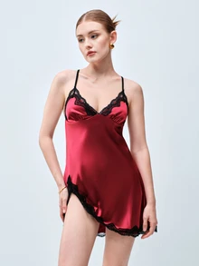 Softvol 女款性感內衣 純色蕾絲拼接開衩交叉肩帶綁帶 V 領洋裝 舒適浪漫 外出穿搭 - 酒紅色 - 查看 1