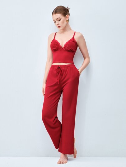 Softvol Women's Sexy Lingerie Set Lace Trim Camisole & Wide Leg Pants Romantic Soft Ribbed Knit Fabric Pajamas Comfortable Cozy Elegant Loungewear Back To School