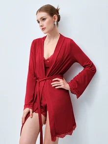 Softvol Women's Ribbed Knit Lace Trim Lingerie Sleepwear Set, Long Sleeve Wrap Robe + Bow V-Neck Camisole + Elastic Shorts, Seductive Romantic Nightwear - Burgundy - View 7