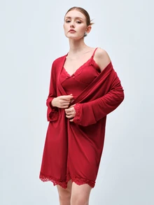 Softvol Women's Ribbed Knit Lace Trim Lingerie Sleepwear Set, Long Sleeve Wrap Robe + Bow V-Neck Camisole + Elastic Shorts, Seductive Romantic Nightwear - Burgundy - View 5